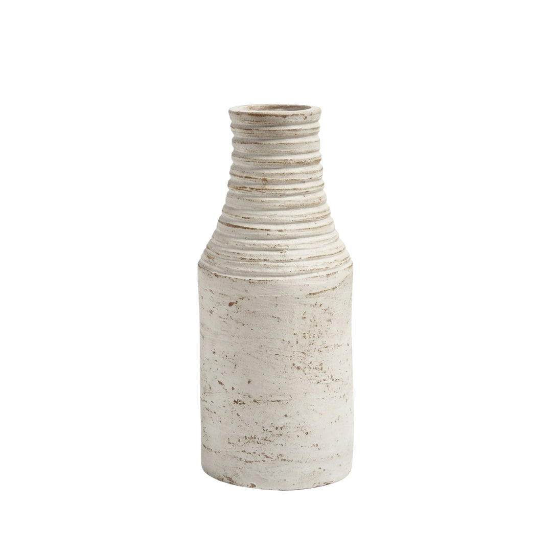 Front view of the Sula white wash terracotta vase with slim bottle-shaped design.