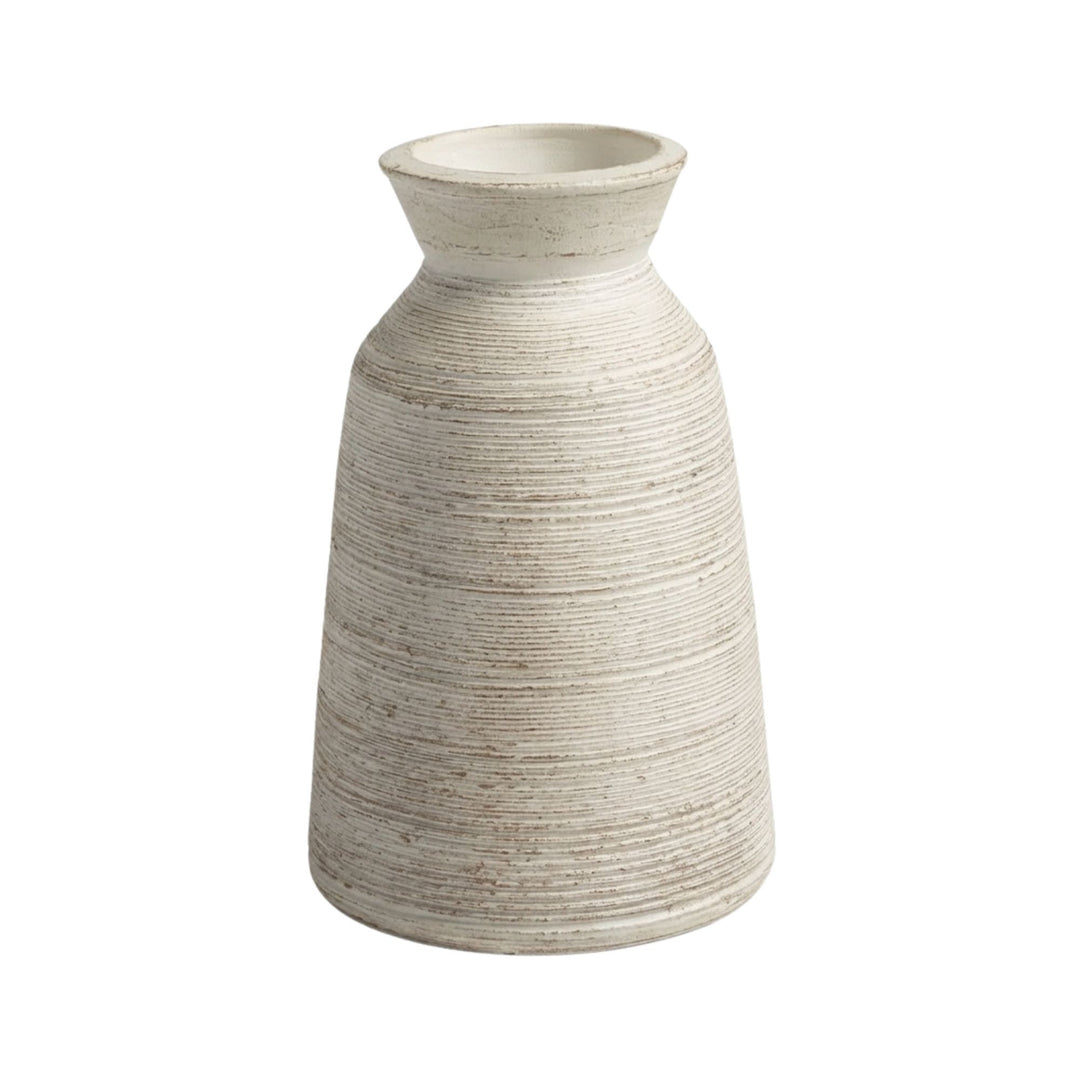 Front view of the Sula white wash terracotta vase with ridged texture and handcrafted finish.