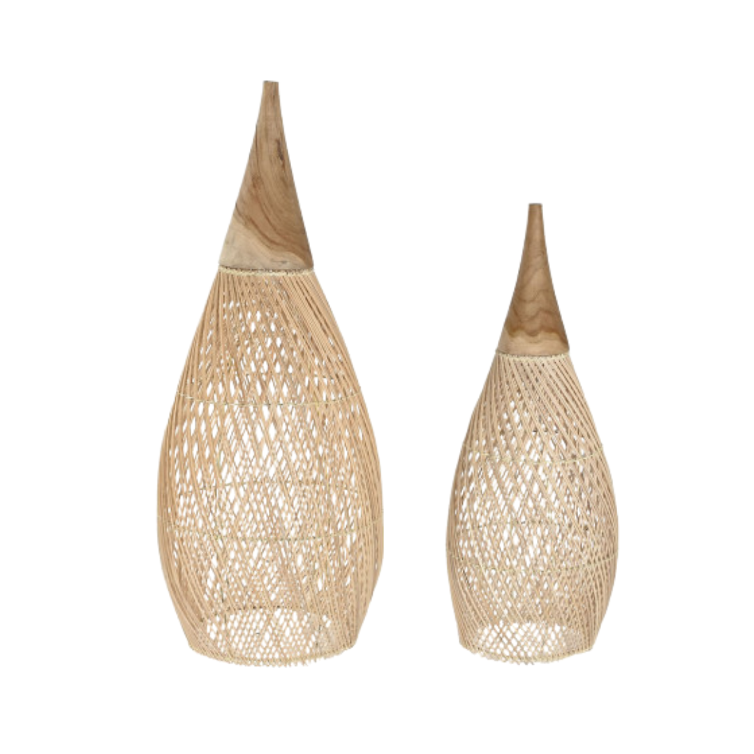 Pair of Sumatra ceiling lamps in two sizes with teak necks and natural rattan shades.