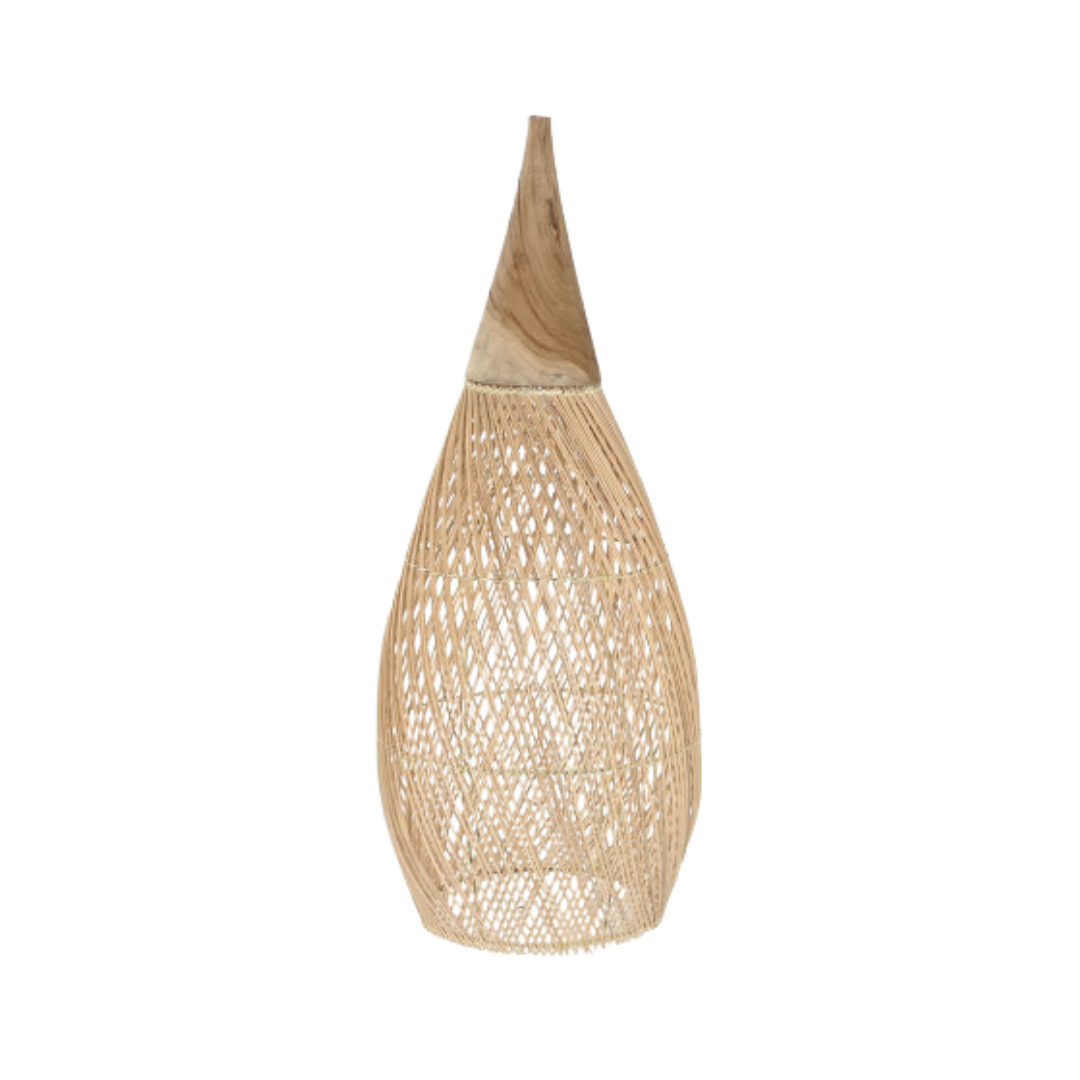 Large Sumatra rattan pendant with tapered teak top, front view.