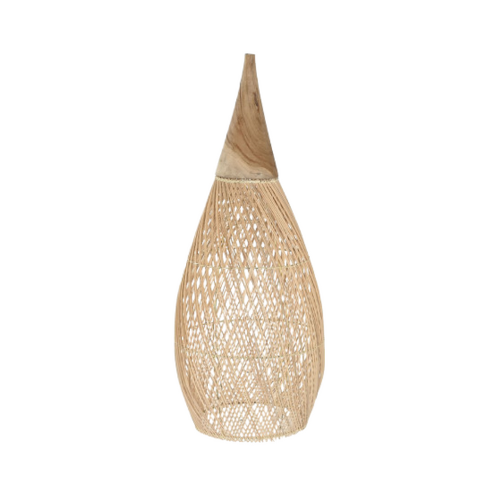 Large Sumatra rattan pendant with tapered teak top, front view.