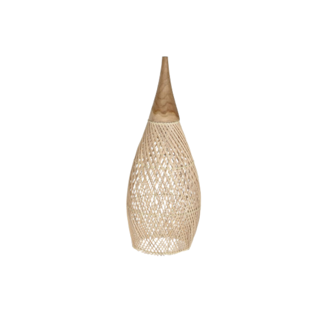 Small Sumatra rattan pendant light with sculpted teak neck, front view.
