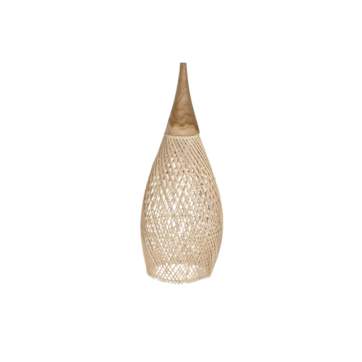 Small Sumatra rattan pendant light with sculpted teak neck, front view.