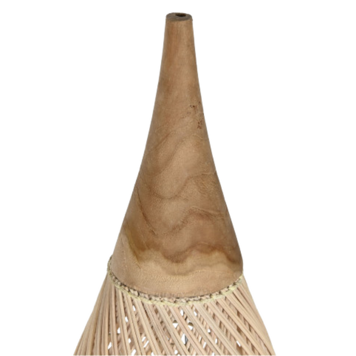 Close-up of teak-wood neck transitioning into woven rattan shade on Sumatra lamp.