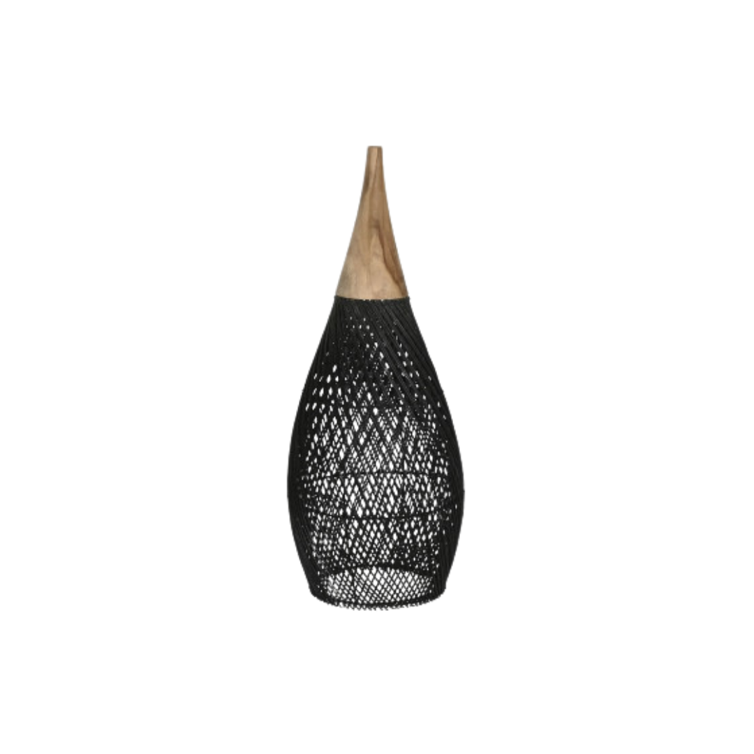 Small Sumatra ceiling pendant in black rattan with teak top, front view.