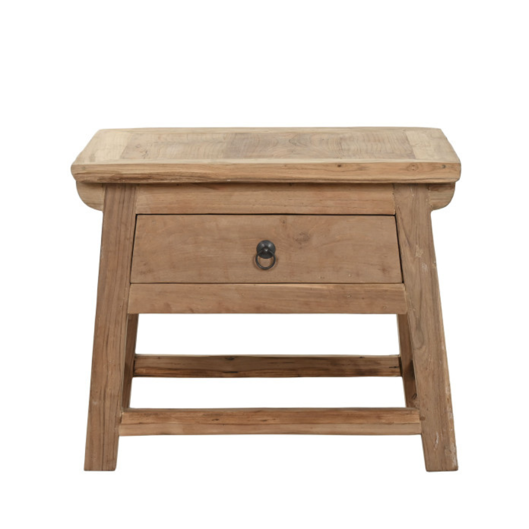 Front view of the Suma bedside table made from recycled teak wood with a single drawer.