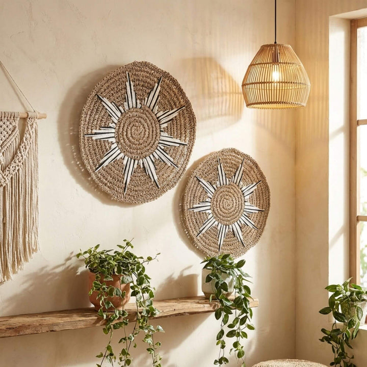 Sumbu wall deco art pieces on a wall with plants and a pendant light.