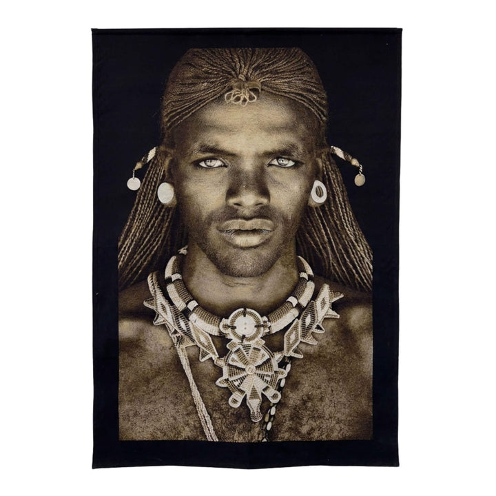 Front view of the Sumburu Man tapestry featuring a monochrome tribal portrait with ornate necklace details.