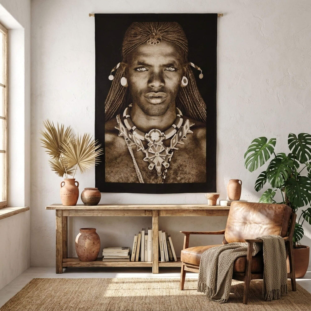 Interior setting showcasing the Sumburu Man tapestry as a statement wall hanging above a wooden console.