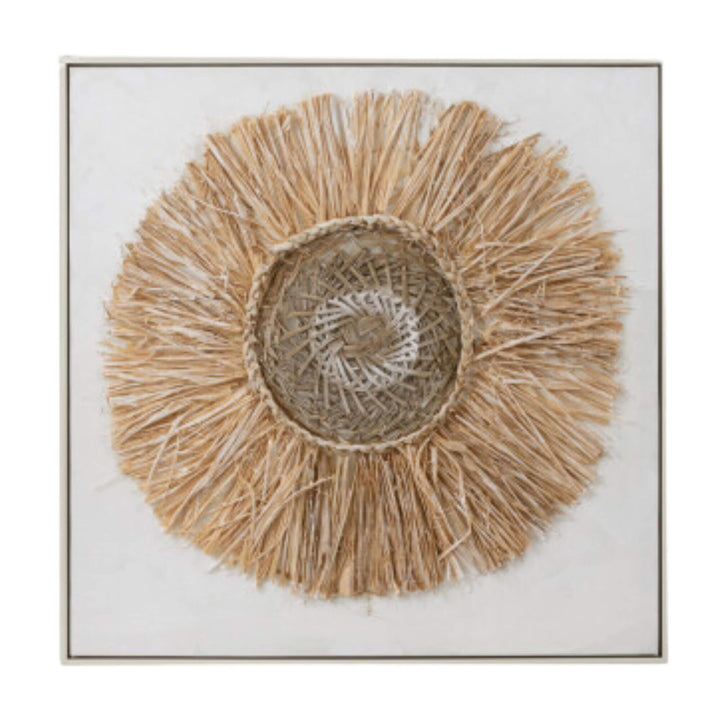 Sun Flower Painting wall art made from natural fibers on a neutral canvas background.