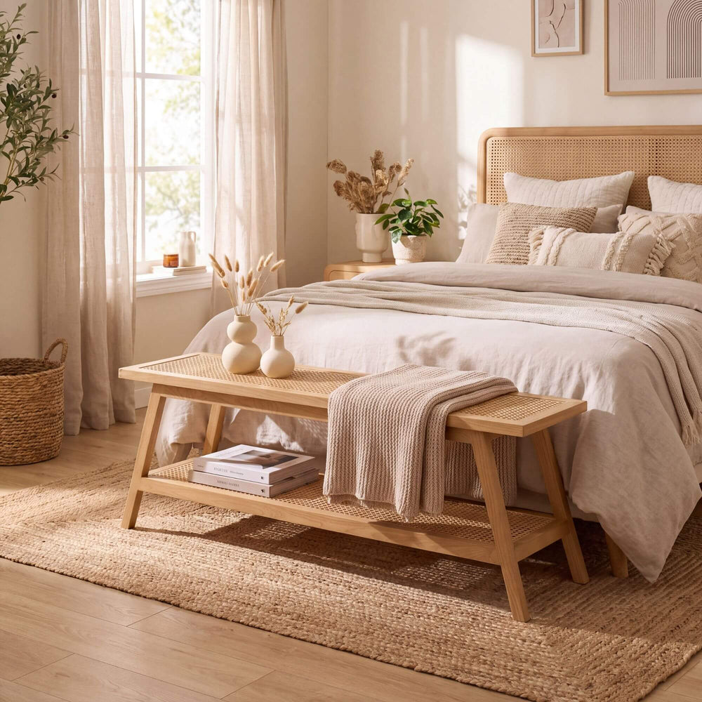 Senja sungkai and rattan bench styled at the foot of a bed in a warm natural bedroom