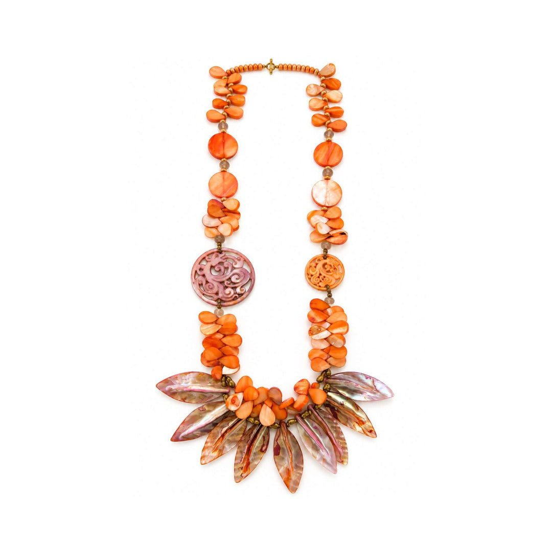 Front view of the Sunset Nacre Necklace with orange and pink mother-of-pearl, pearls, and rock crystal