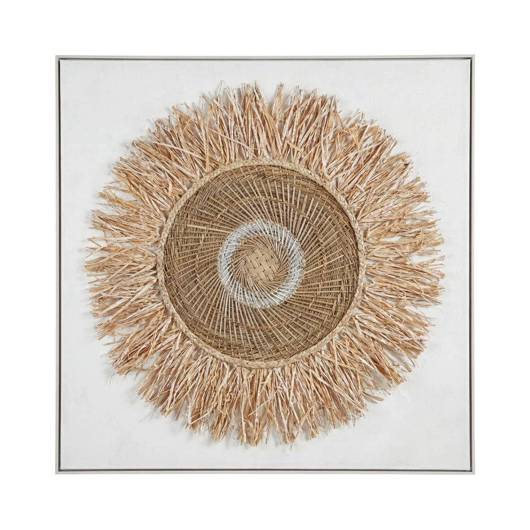 Front view of the Sun Flower wall painting with woven natural fiber design.