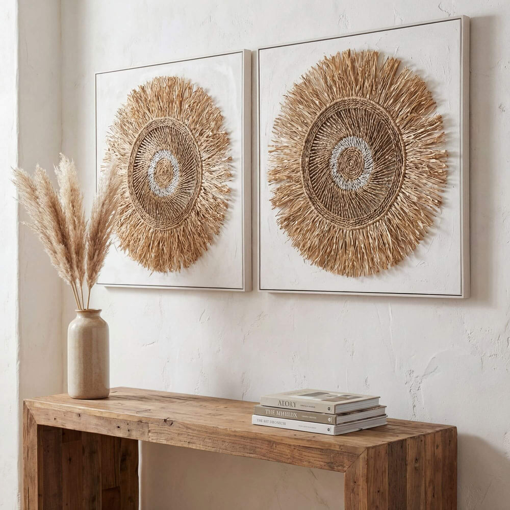 Interior setting showing the Sun Flower artwork hanging above a wooden console.