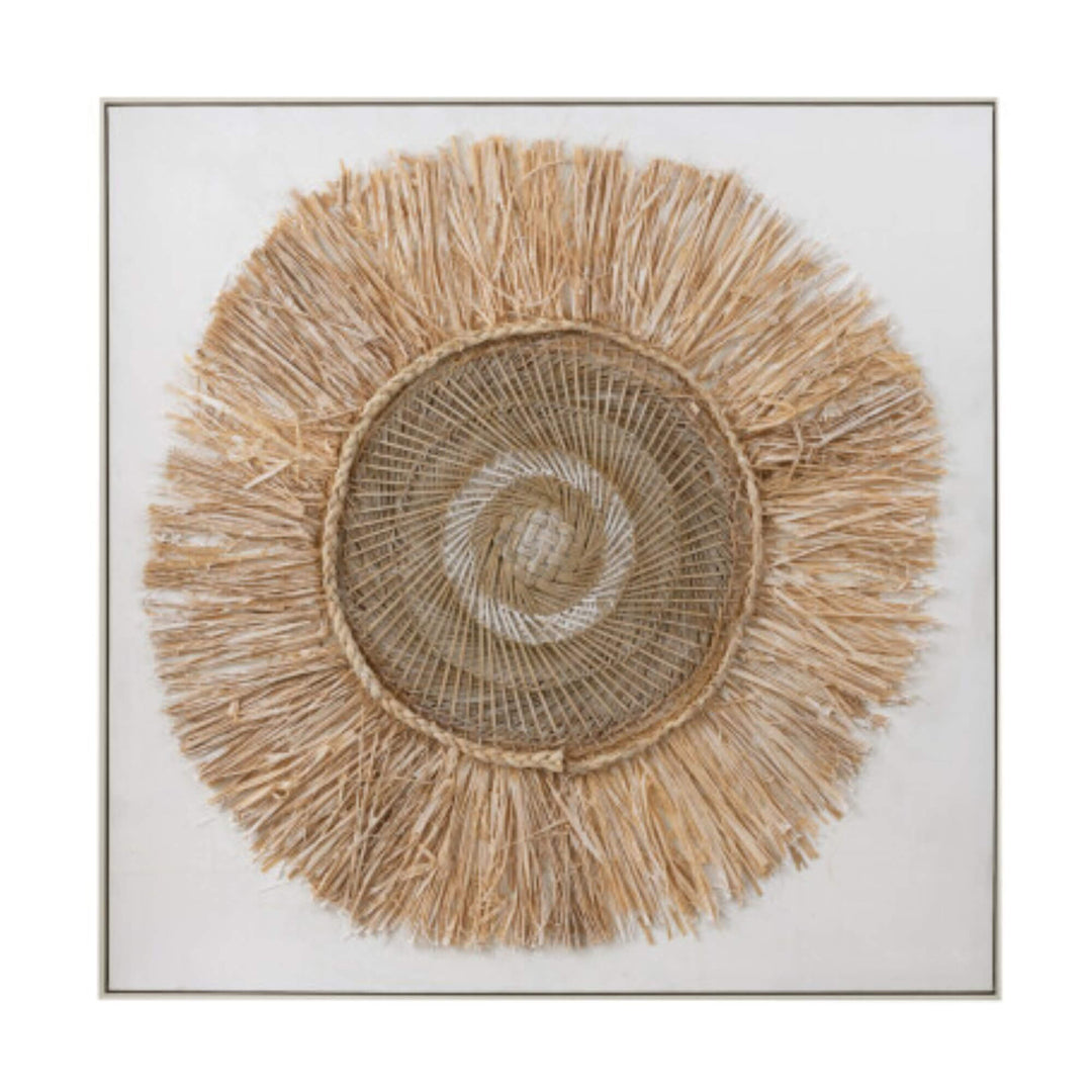 Sun Flower Painting “M” made of natural fibers on canvas with circular woven design.