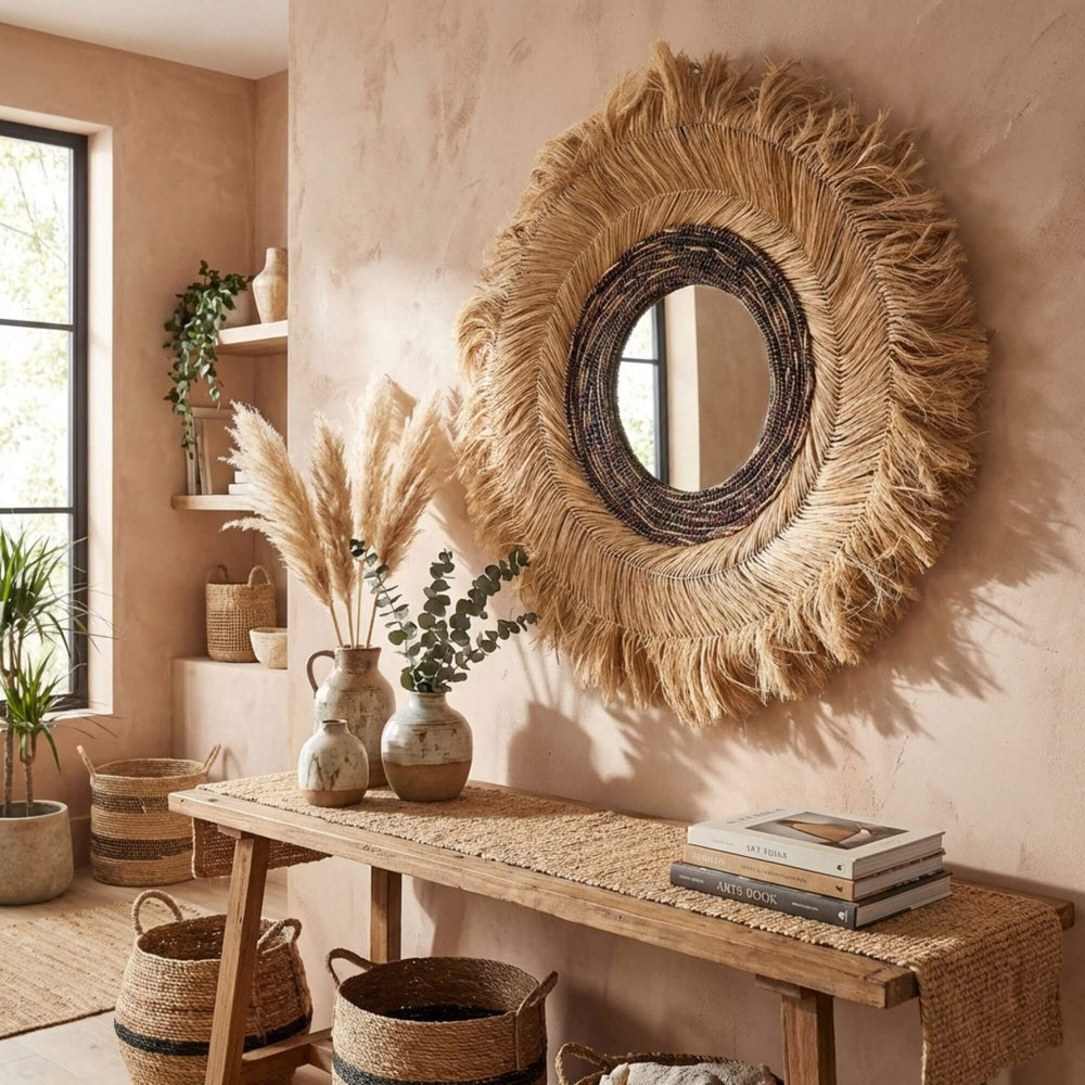 Decorative Surya mirror with raffia fringes in a room with a wooden console table, vases, and plants.