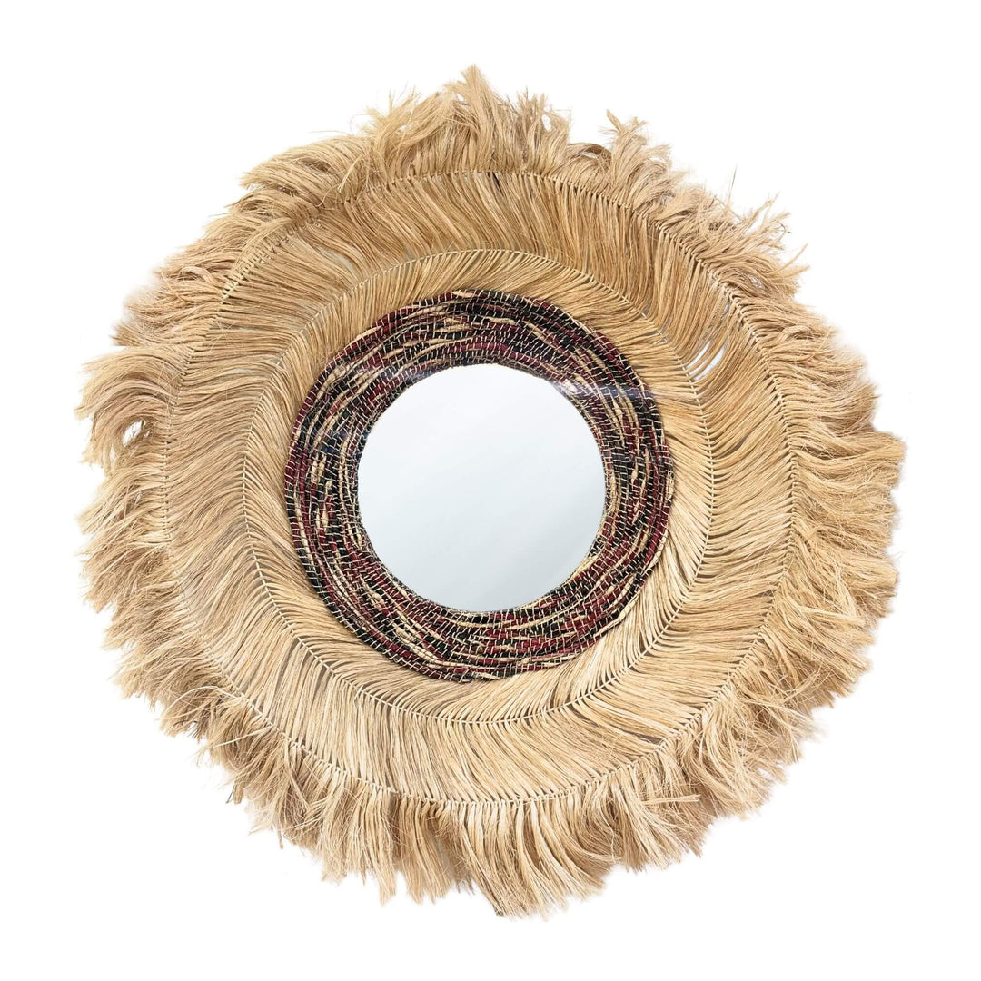 Surya Mirror, round oversized design handcrafted from sisal, abaca, and cotton with layered natural texture.