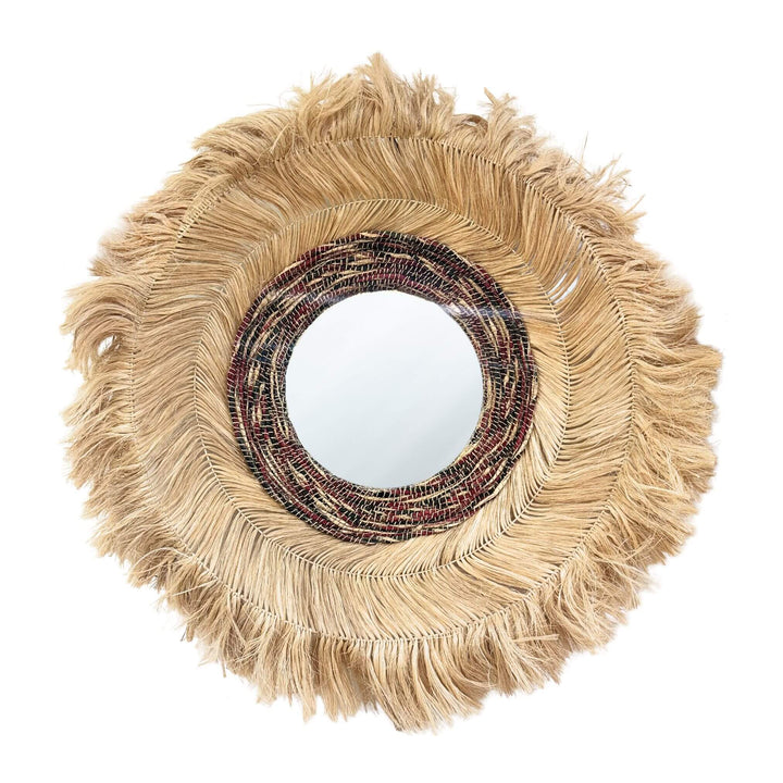 Surya Mirror, round oversized design handcrafted from sisal, abaca, and cotton with layered natural texture.