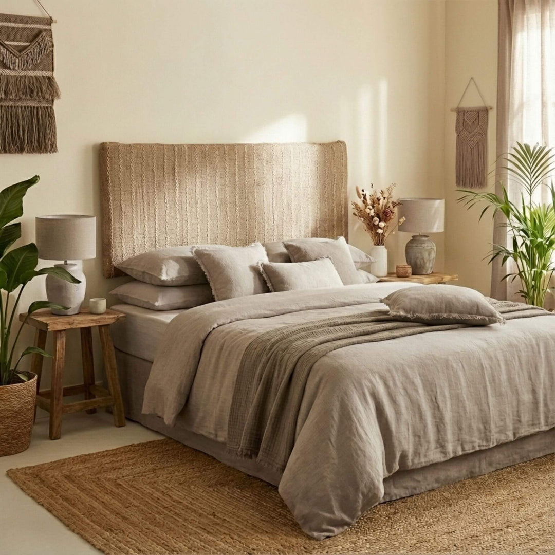 Styled bedroom interior featuring Sutra Jute Headboard behind a bed, creating a warm and relaxed atmosphere.