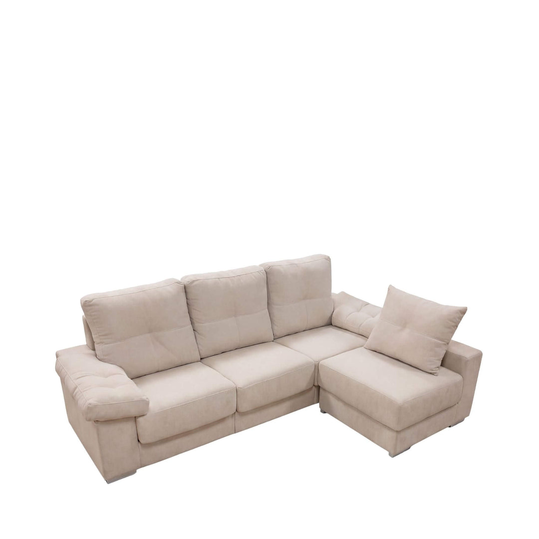 Front view of the Swiss sofa showing its soft neutral upholstery and compact corner design.