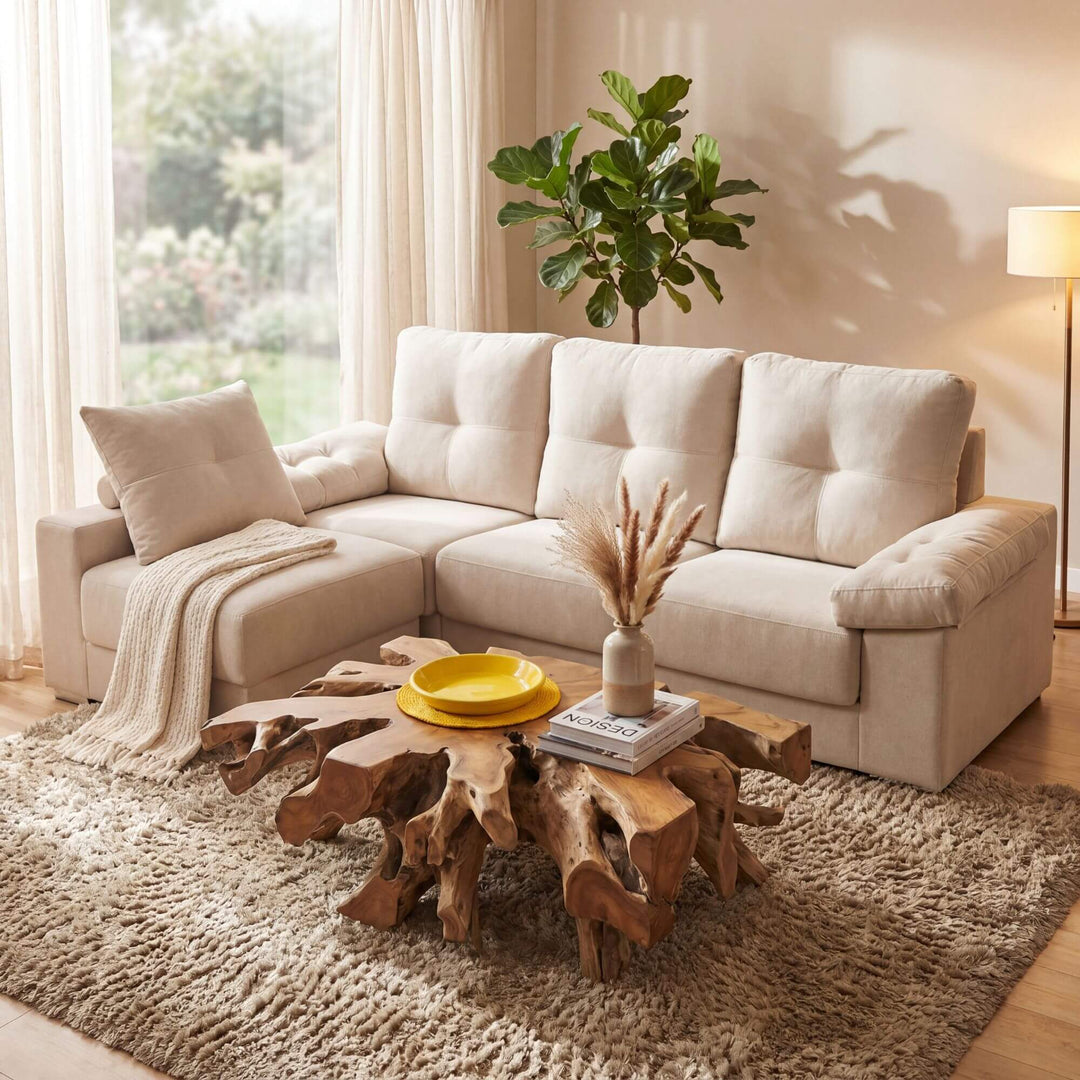 Styled living room setting featuring the Swiss sofa in a warm natural interior.