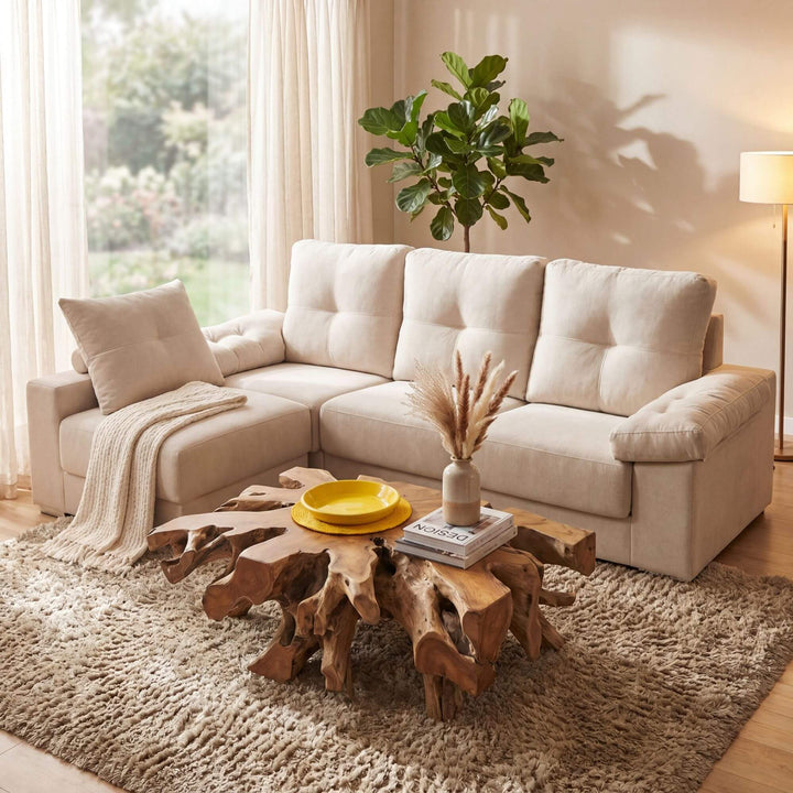 Styled living room setting featuring the Swiss sofa in a warm natural interior.
