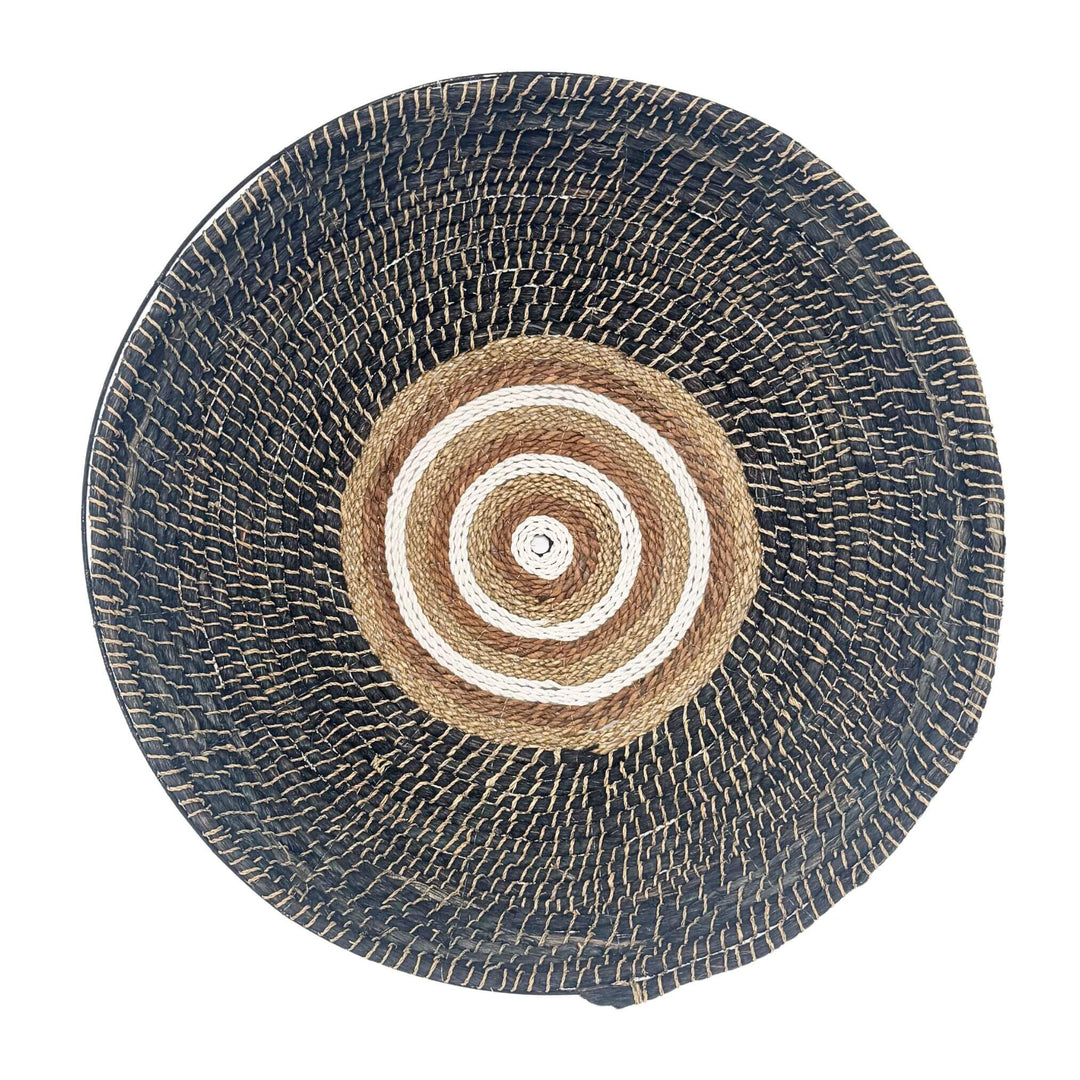 Samara Wall Deco Plate with concentric rings in natural, black, and white, handwoven abaca wall art.
