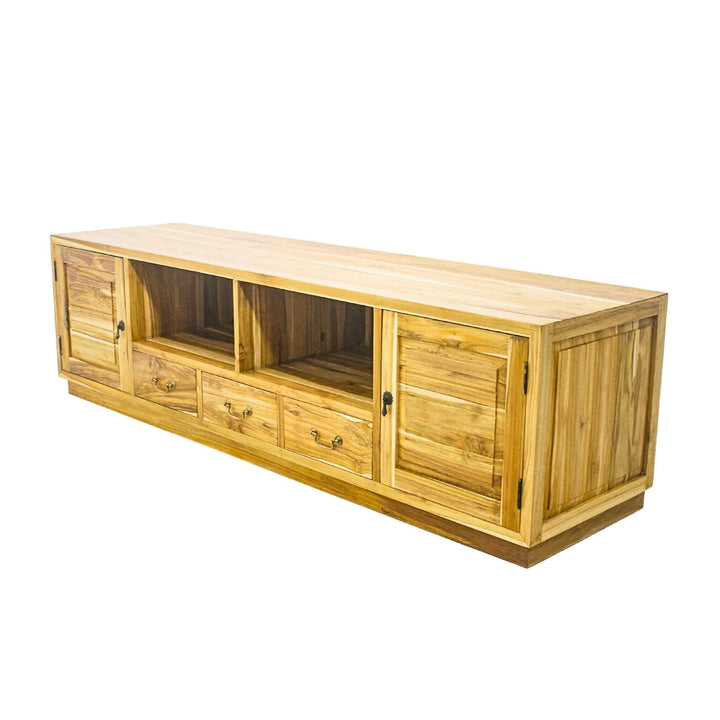 Serangan teak media console, angled view highlighting storage layout and grain.