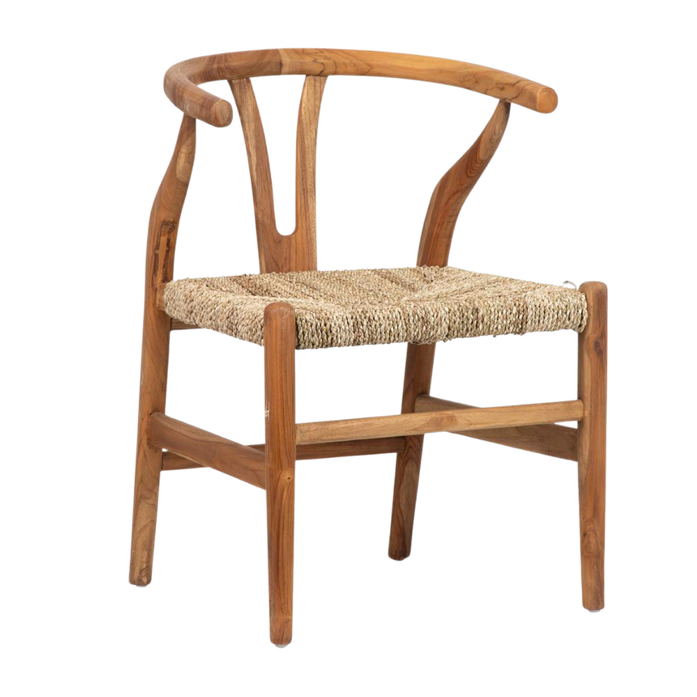 Straight-on perspective showing curved teak wood backrest and handwoven seat