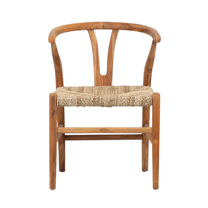 Front view of Tagi teak dining chair with natural seagrass seat