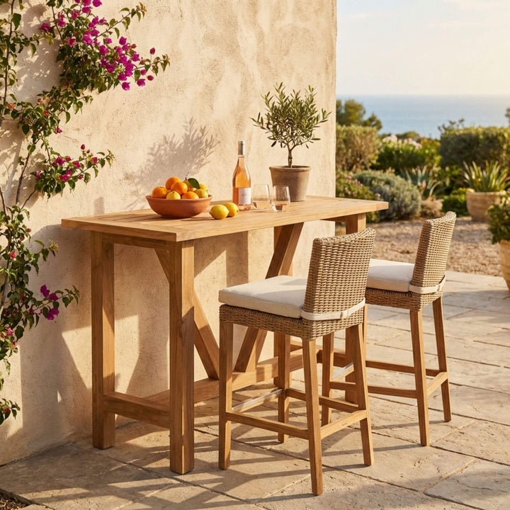 Styled outdoor setting featuring the Tahiti bar table with bar stools on a Mediterranean terrace.