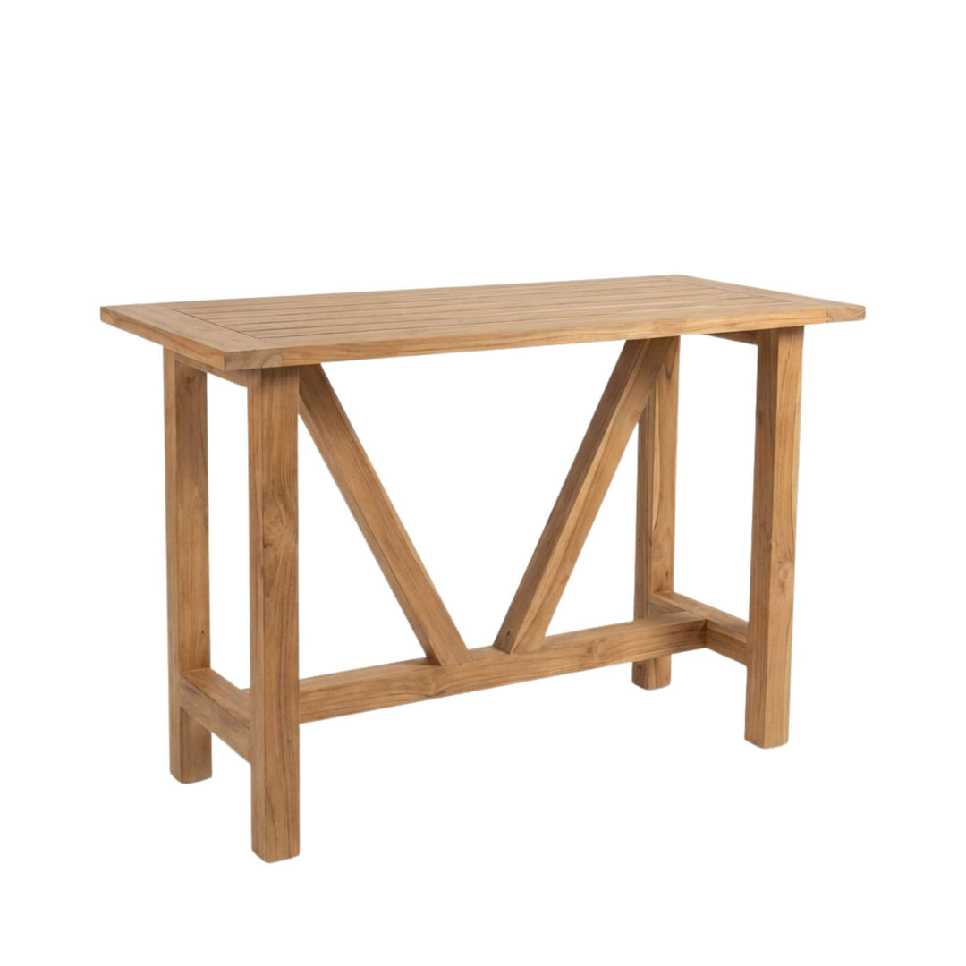 Front view of the Tahiti bar table showcasing its solid teak wood structure and clean lines.