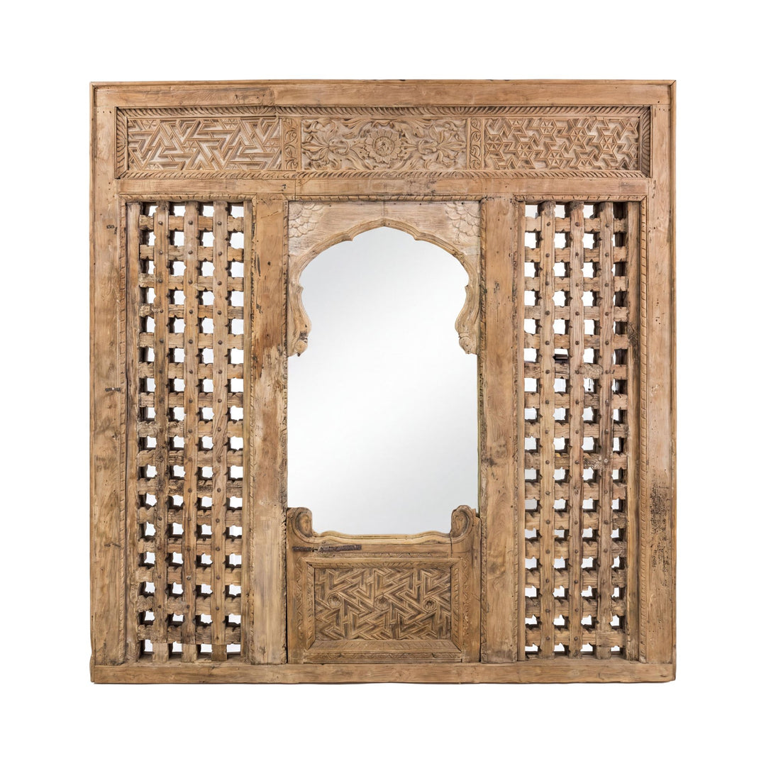 Front view of the Taj Indian mirror showing its large hand-carved sheesham wood frame and arched mirror opening.