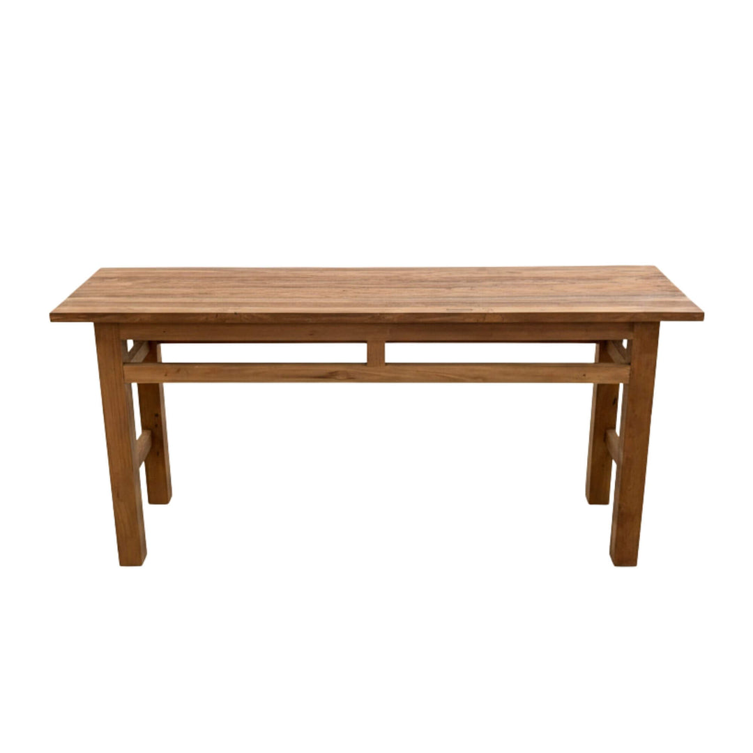 Front view of the Tamaril console table made from recycled teak wood.