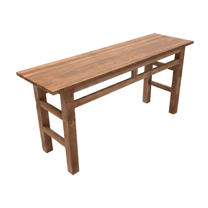 Angled view highlighting the legs and structure of the recycled teak console table.