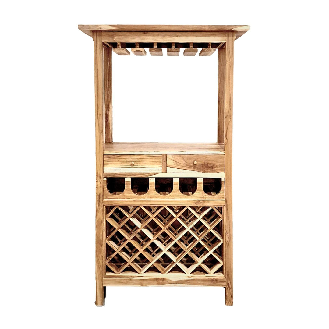 Front view of Tanimbar Teak Bar with wine rack and glass holders