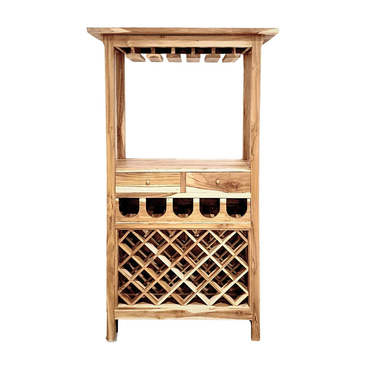 Front view of Tanimbar Teak Bar with wine rack and glass holders