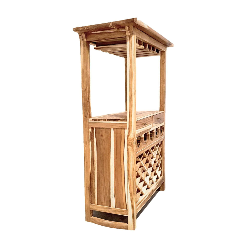 Side profile of solid teak home bar with storage compartments