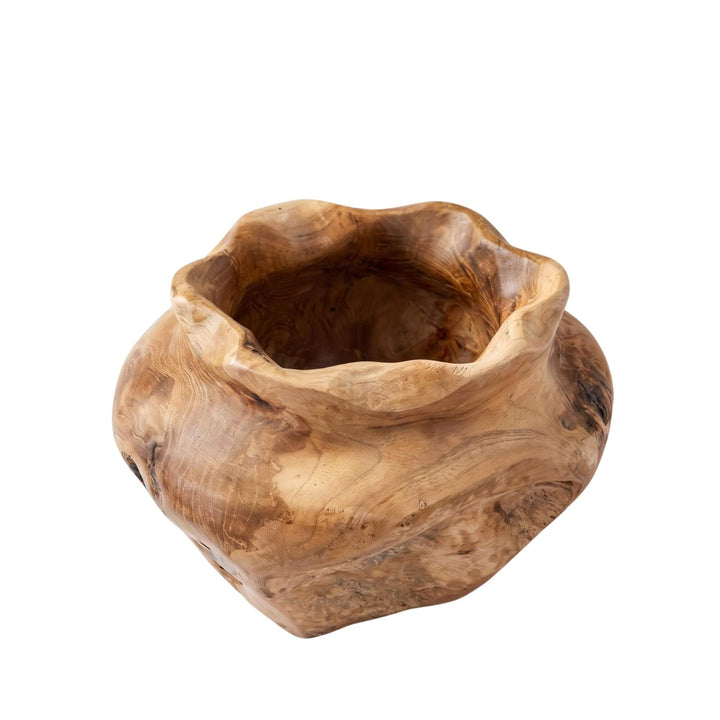 Front angled view of the Tanis decorative pot carved from teak root wood with an organic irregular shape