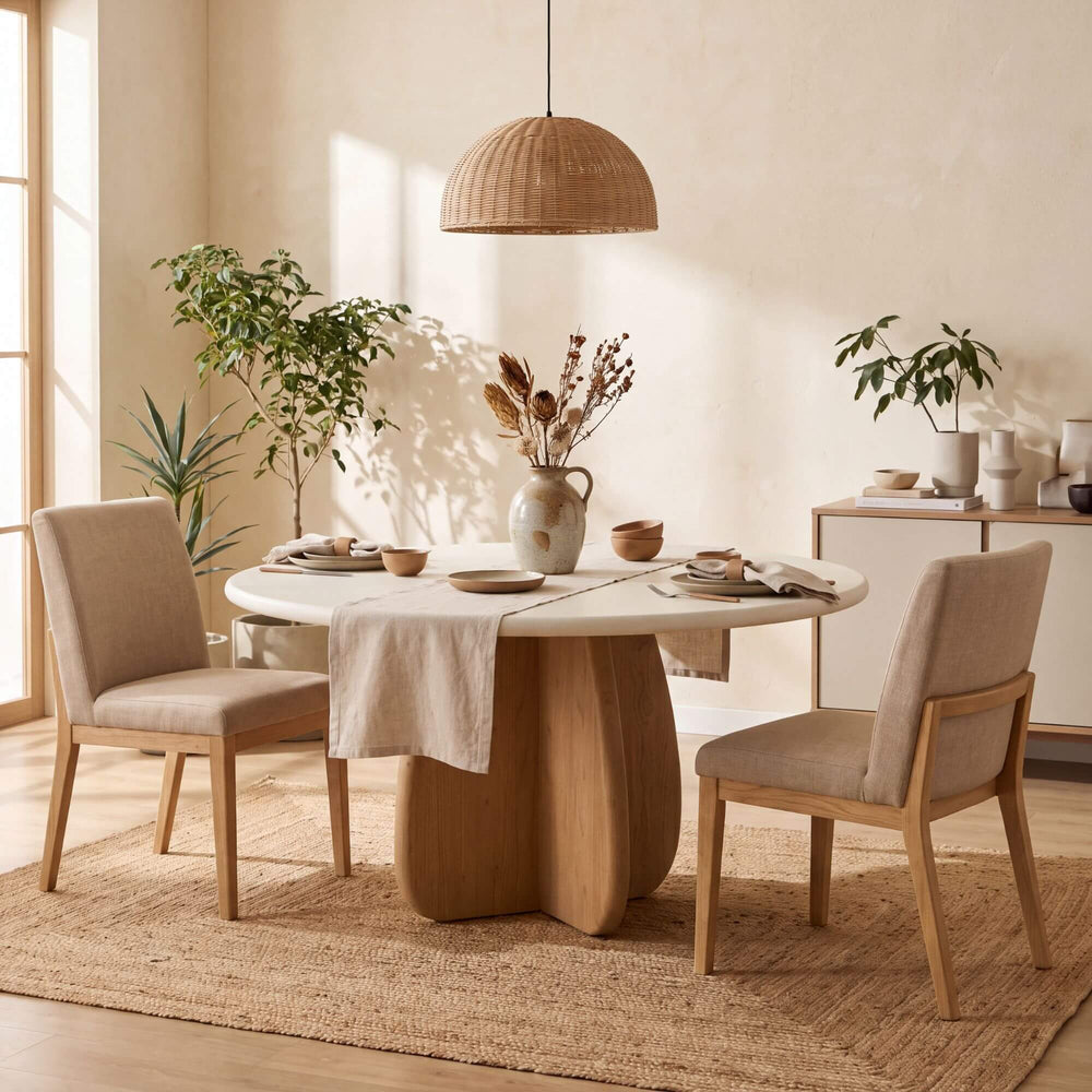 Tao microcement dining table styled with upholstered chairs in a warm Mediterranean dining room
