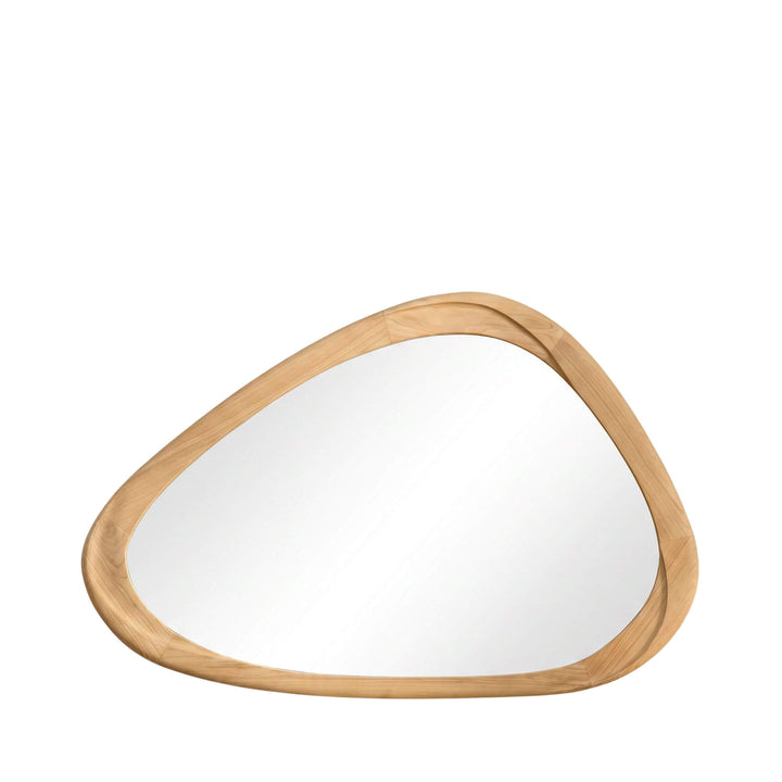 Front view of the Tao wall mirror with an organic asymmetrical shape and natural sungkai wood frame