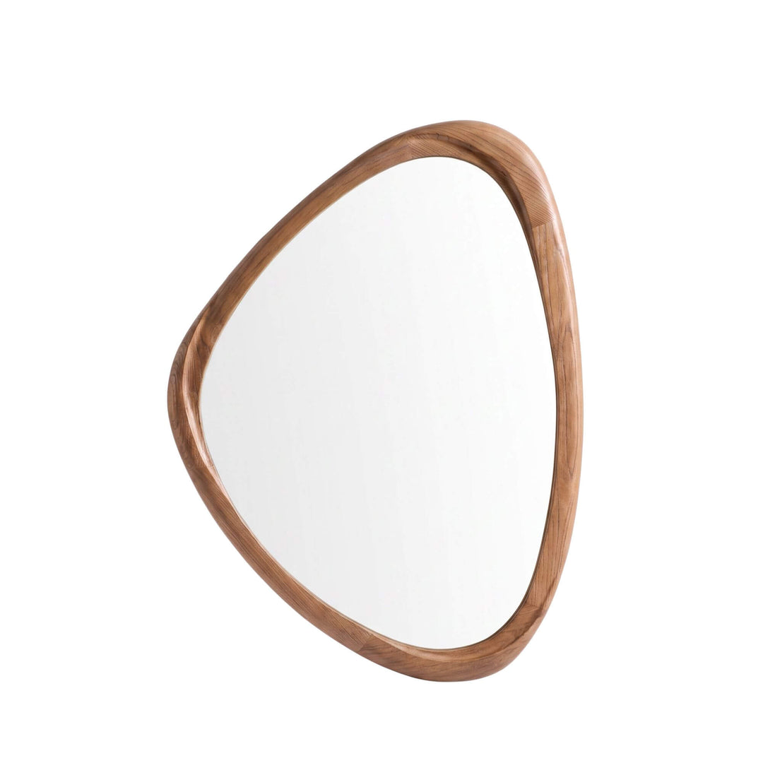 Angled view of the Tao organic mirror highlighting its softly contoured wooden frame
