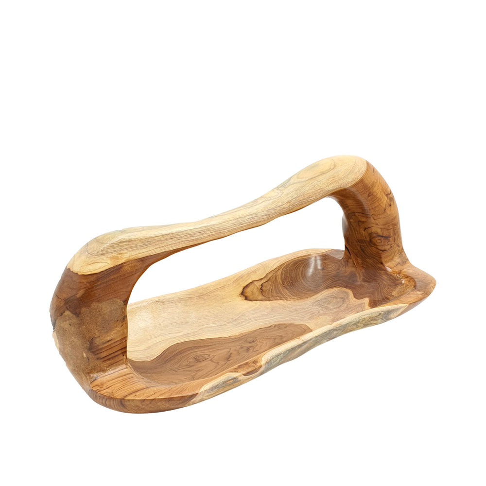 Angled view highlighting the natural wood grain and handcrafted contours of the teak plate.