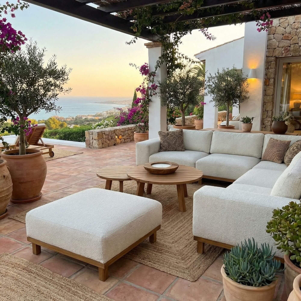 Outdoor lounge setting featuring the Tatami modular sofa with wooden base and neutral cushions.