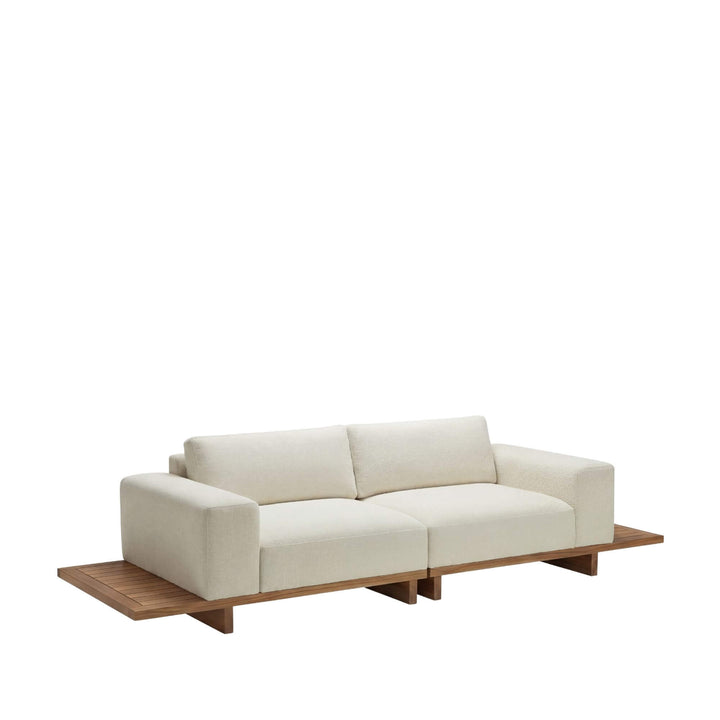 Straight sofa module with iroko wood platform base.