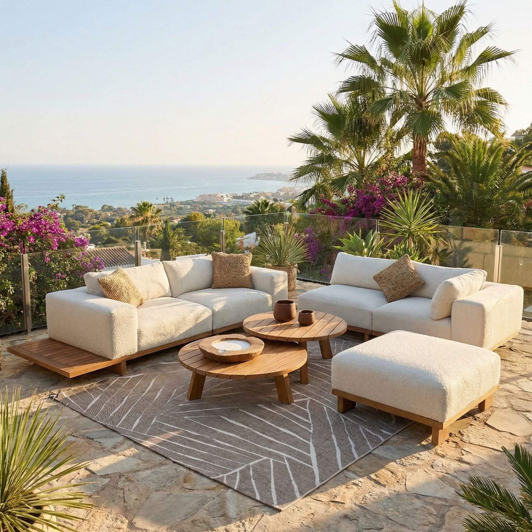 Complete Tatami outdoor modular sofa set arranged on a terrace with sea view.