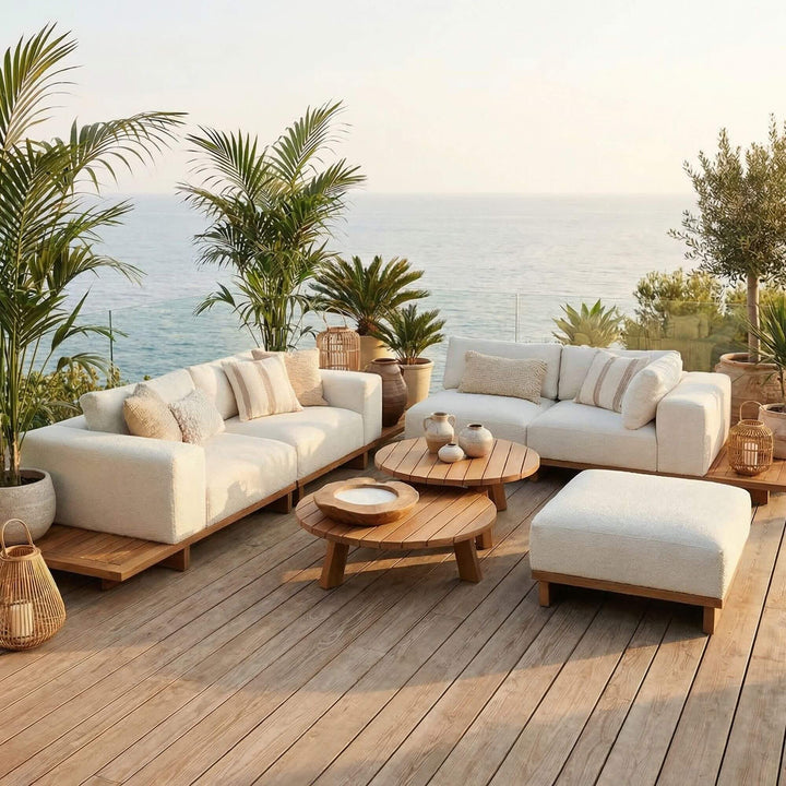 Large modular configuration of the Tatami outdoor sofa forming an L-shaped seating area.