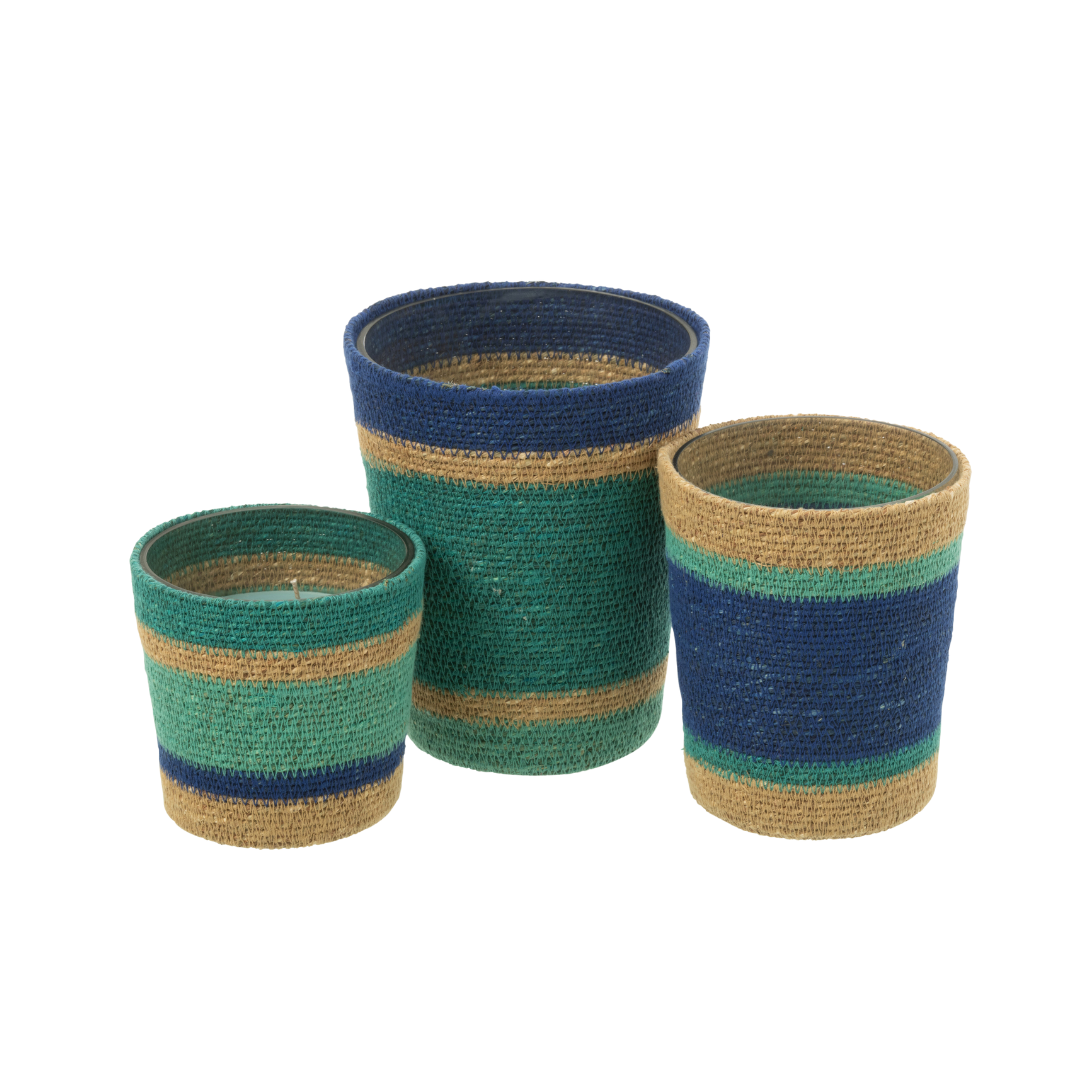 Set of Tazirit candles in natural fibers with blue and green woven bands displayed together.