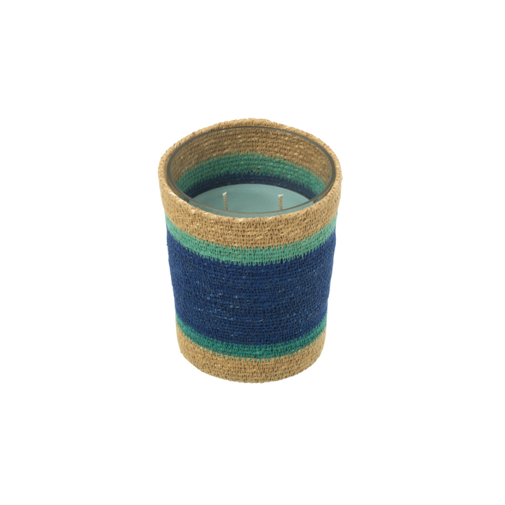 Medium size Tazirit candle showcasing natural fiber craftsmanship and color contrast.