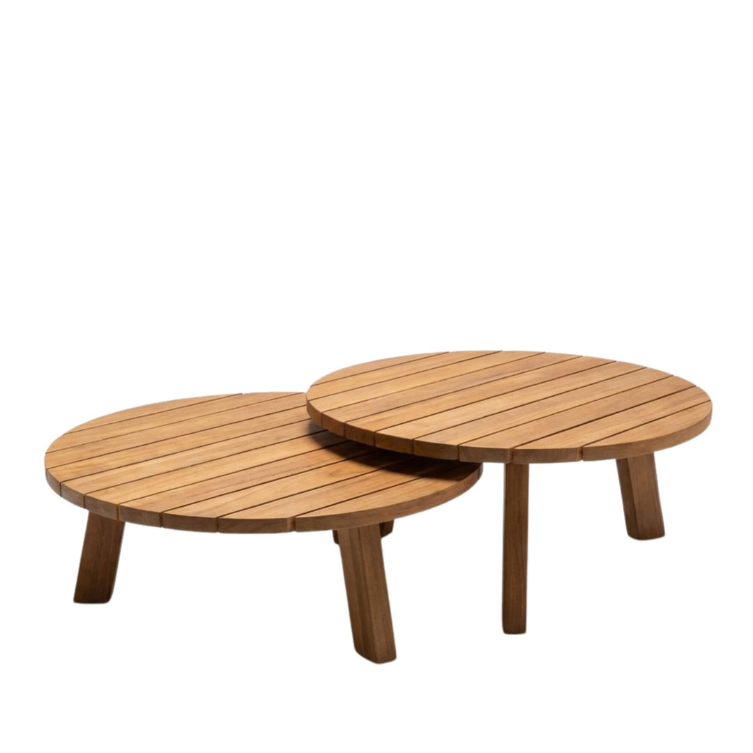 Two teak outdoor round coffee tables displayed together in different sizes.